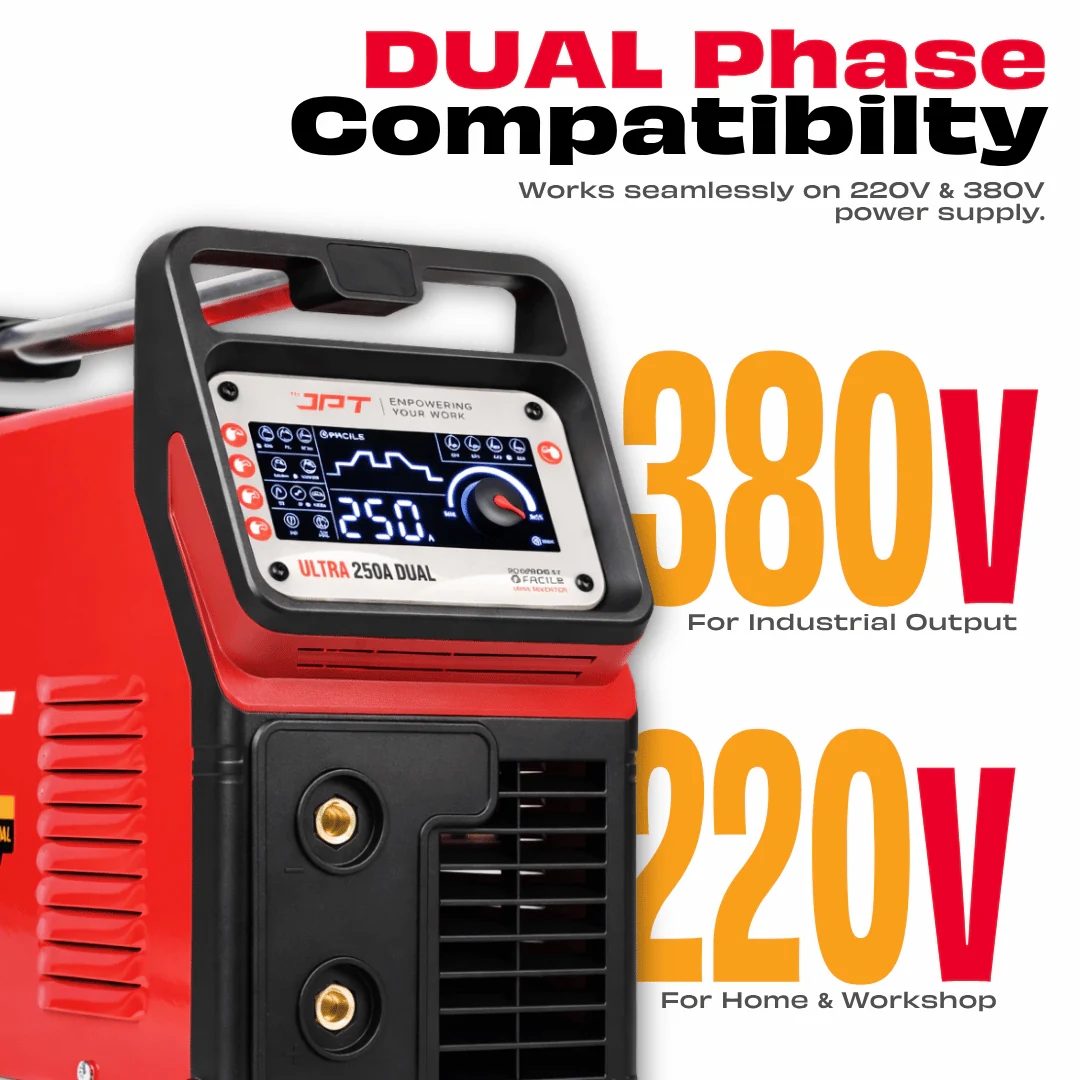JPT 250A Ultra Heavy Duty Dual Phase ARC/MMA Inverter Welding Machine (220V / 380V) with Lift TIG, VRD, Hot Start, Arc Force, Anti-Stick & Digital Display - Image 3
