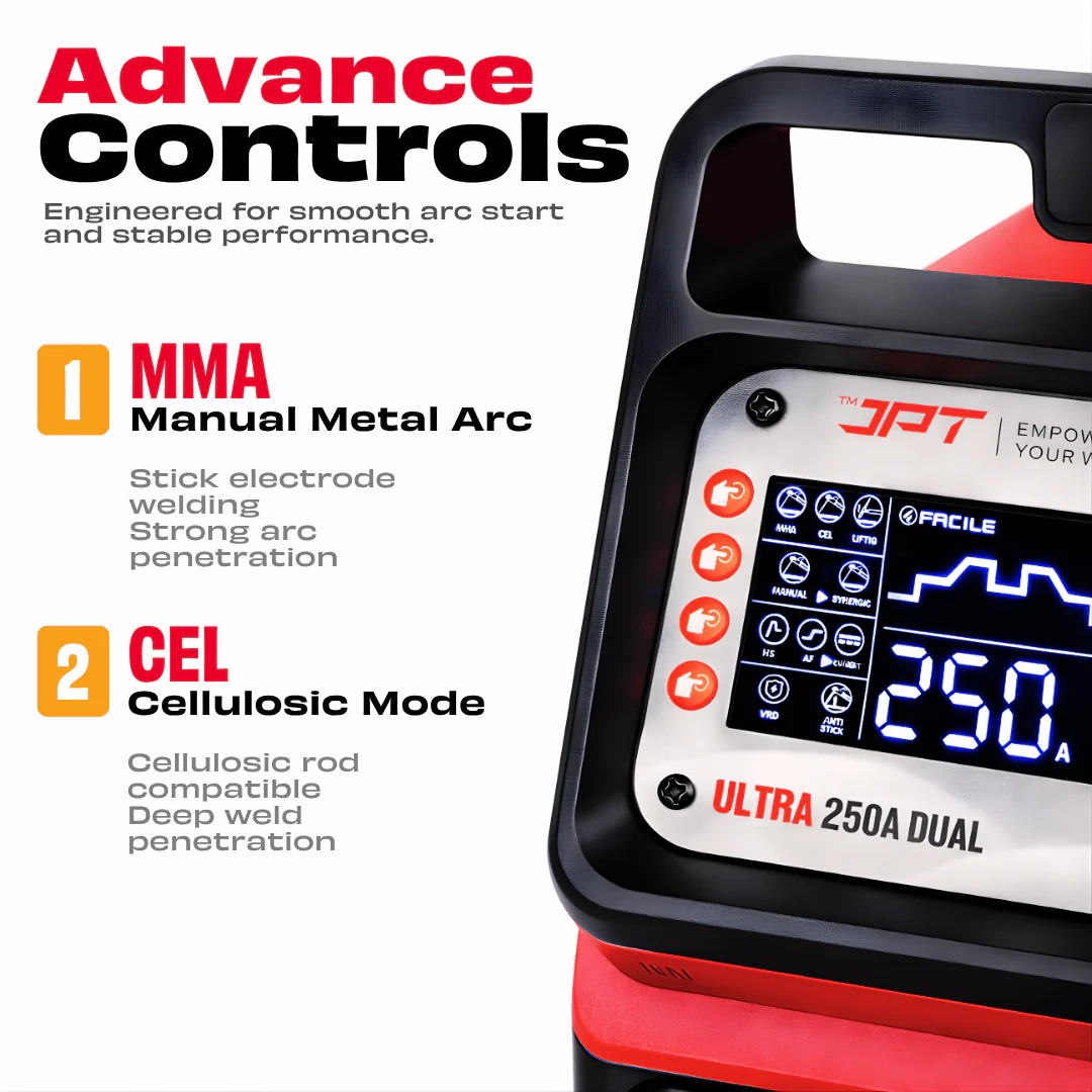 JPT 250A Ultra Heavy Duty Dual Phase ARC/MMA Inverter Welding Machine (220V / 380V) with Lift TIG, VRD, Hot Start, Arc Force, Anti-Stick & Digital Display - Image 4