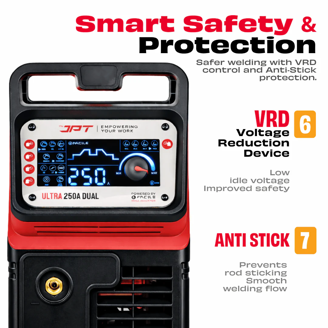JPT 250A Ultra Heavy Duty Dual Phase ARC/MMA Inverter Welding Machine (220V / 380V) with Lift TIG, VRD, Hot Start, Arc Force, Anti-Stick & Digital Display - Image 6