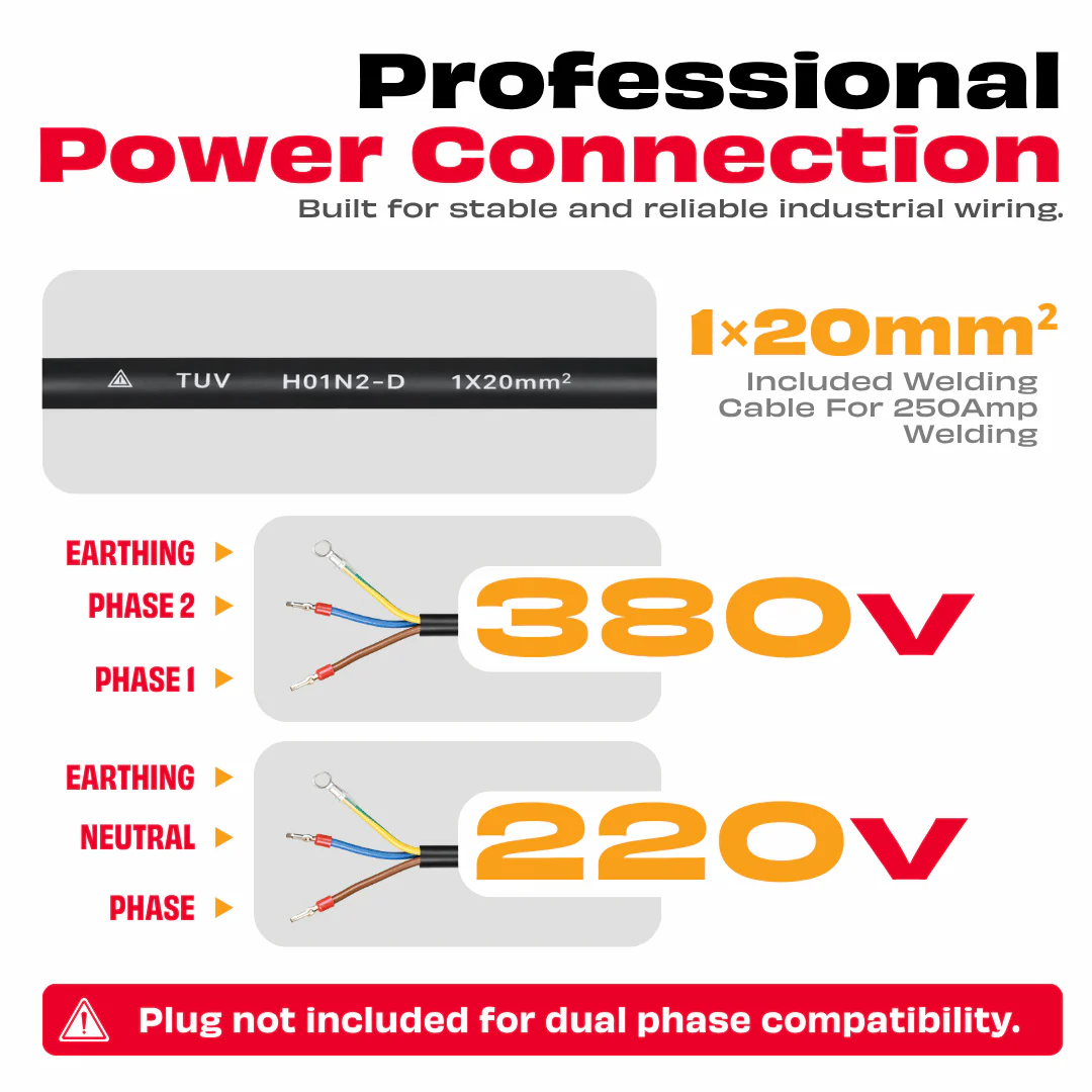 JPT 250A Ultra Heavy Duty Dual Phase ARC/MMA Inverter Welding Machine (220V / 380V) with Lift TIG, VRD, Hot Start, Arc Force, Anti-Stick & Digital Display - Image 8