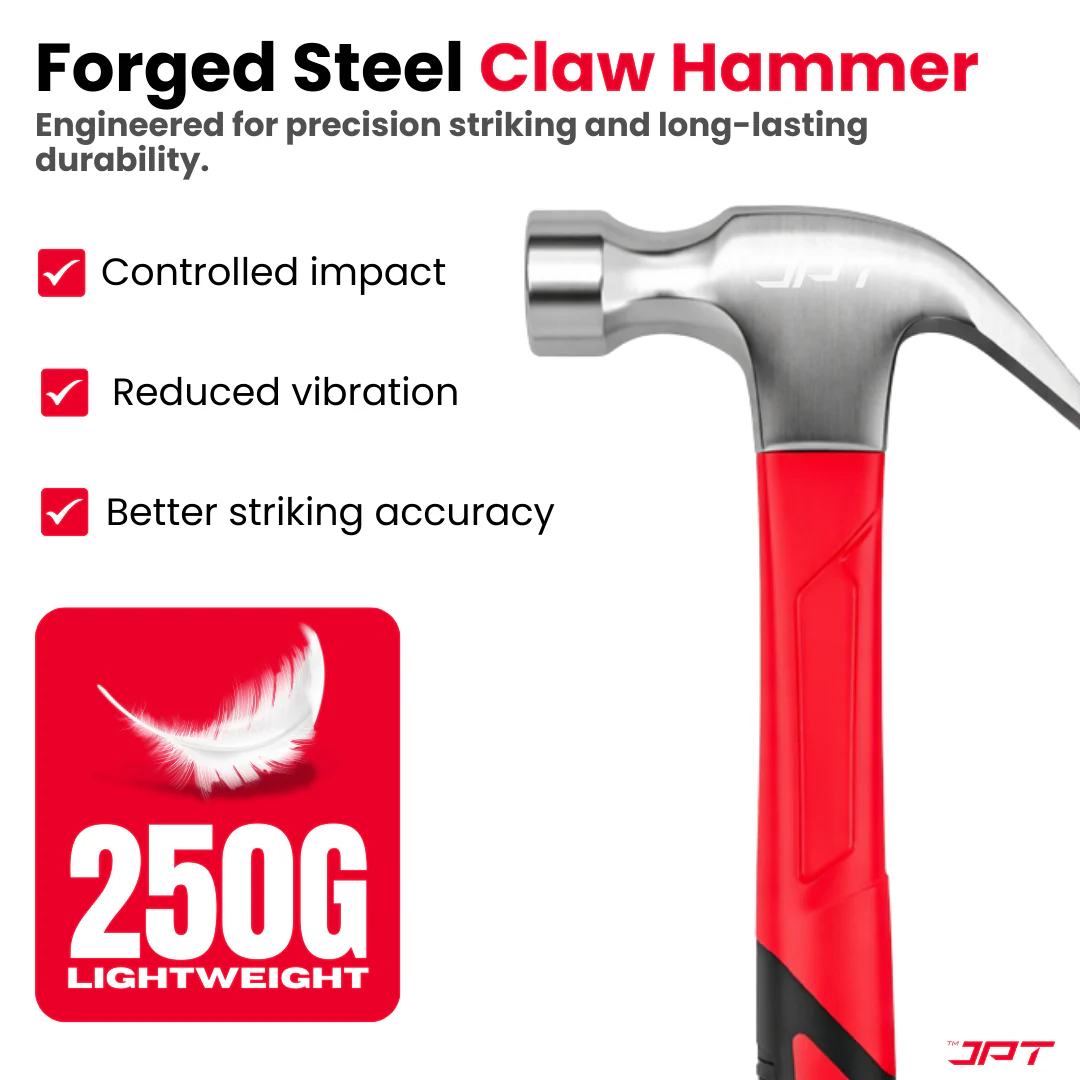 JPT 250G Forged Steel Claw Hammer with Anti-Slip Rubber Grip – Heavy Duty Carpenter Hammer for Carpentry, Woodworking & Construction Work, Professional Steel Hammer for Nail Driving & Extraction - Image 2