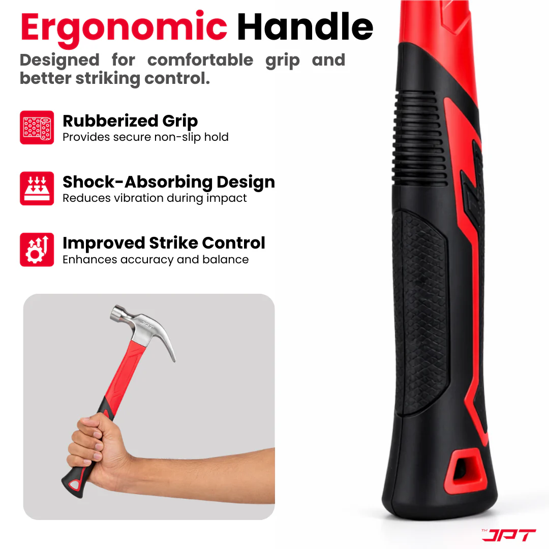 JPT 250G Forged Steel Claw Hammer with Anti-Slip Rubber Grip – Heavy Duty Carpenter Hammer for Carpentry, Woodworking & Construction Work, Professional Steel Hammer for Nail Driving & Extraction - Image 4