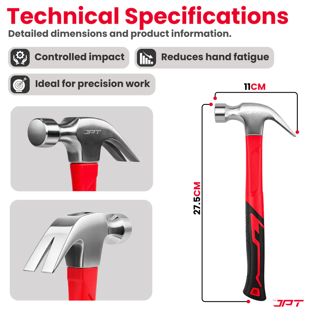 JPT 250G Forged Steel Claw Hammer with Anti-Slip Rubber Grip – Heavy Duty Carpenter Hammer for Carpentry, Woodworking & Construction Work, Professional Steel Hammer for Nail Driving & Extraction - Image 5