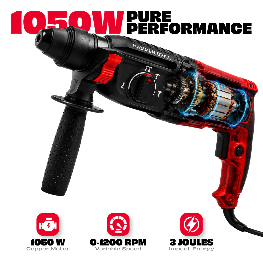 JPT Pro 26MM SDS-Plus Heavy-Duty Rotary Hammer Drill Machine | 1050W Motor | 1200RPM Speed | 3.0 Joules Impact | 4900 BPM Force | 3 Function Modes | Forward & Reverse Function - Image 3