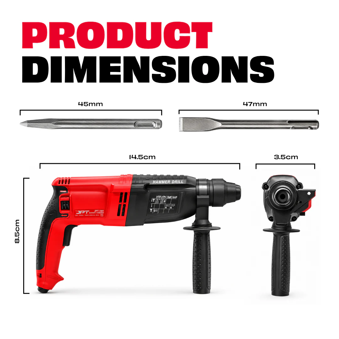 JPT Pro 26MM SDS-Plus Heavy-Duty Rotary Hammer Drill Machine | 1050W Motor | 1200RPM Speed | 3.0 Joules Impact | 4900 BPM Force | 3 Function Modes | Forward & Reverse Function - Image 5
