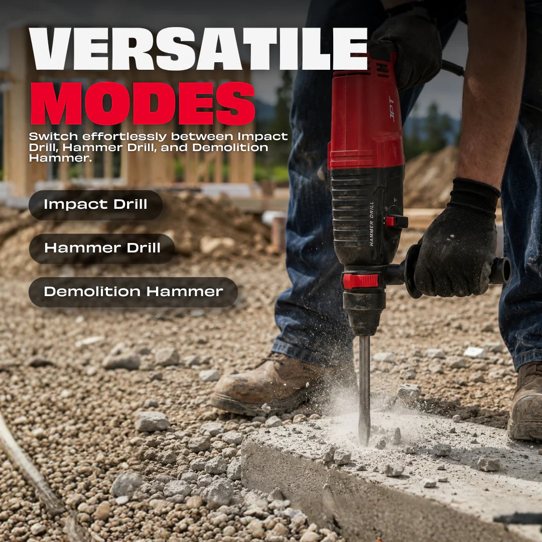 JPT Pro 26MM SDS-Plus Heavy-Duty Rotary Hammer Drill Machine | 1050W Motor | 1200RPM Speed | 3.0 Joules Impact | 4900 BPM Force | 3 Function Modes | Forward & Reverse Function - Image 6