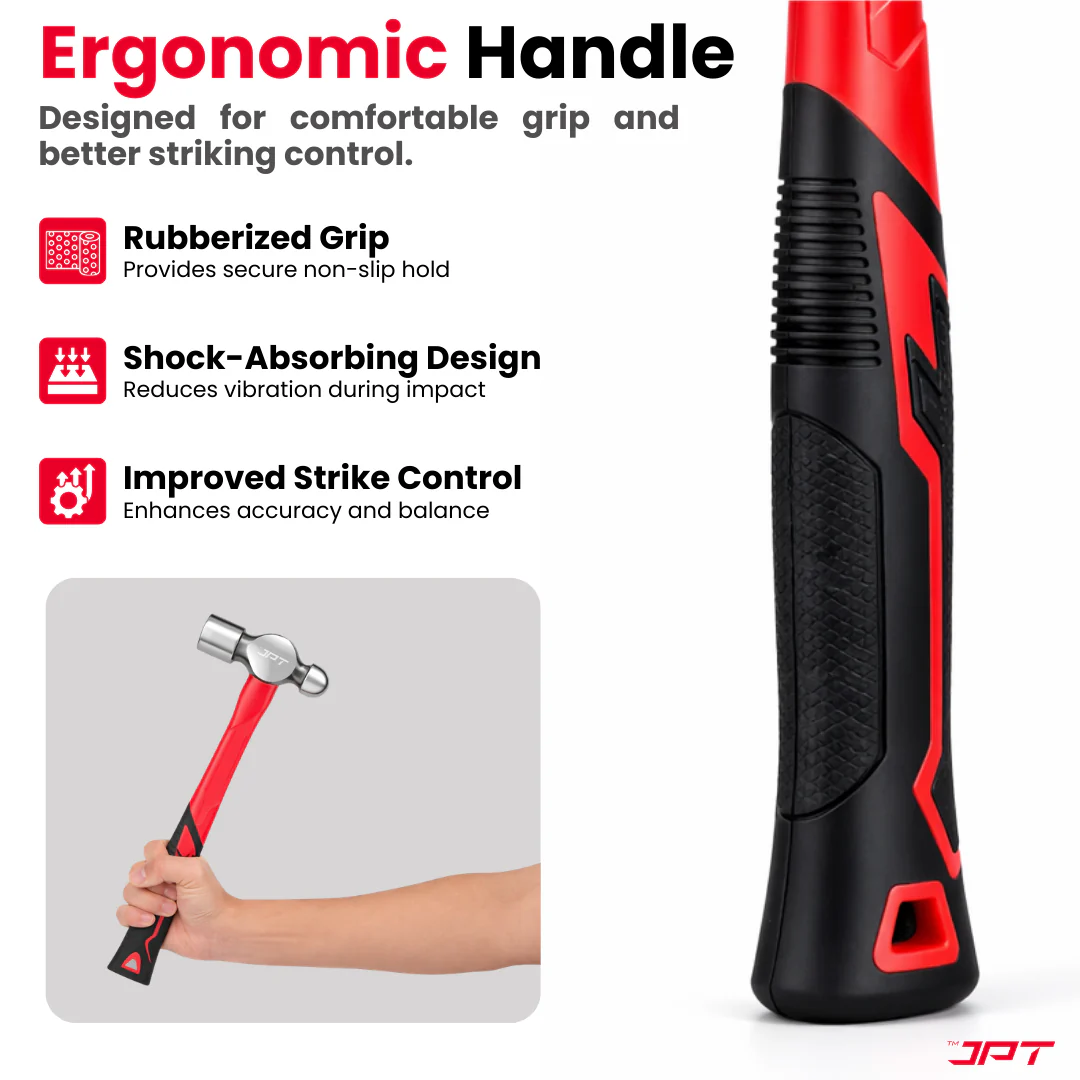 JPT 2.0lbs Forged Steel Ball Peen Hammer with Shock-Absorbing Rubber Grip – Heavy Duty Professional Engineer & Mechanic Hammer for Workshop, Metal Shaping, Riveting & Fabrication Work - Image 4