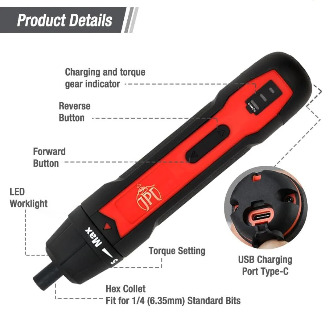 JPT 3.6V Powerfull Cordless Screwdriver Rechargeable Set with Li-ion Battery, 30 Bits & Extension Rod, 3 LED, 6 Adjustable Torque, Magnetic Hex Chuck, Mini Electric Screw driver Kit - Image 4