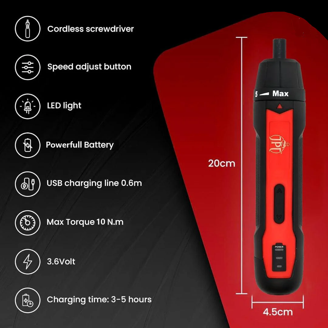 JPT 3.6V Powerfull Cordless Screwdriver Rechargeable Set with Li-ion Battery, 30 Bits & Extension Rod, 3 LED, 6 Adjustable Torque, Magnetic Hex Chuck, Mini Electric Screw driver Kit - Image 5