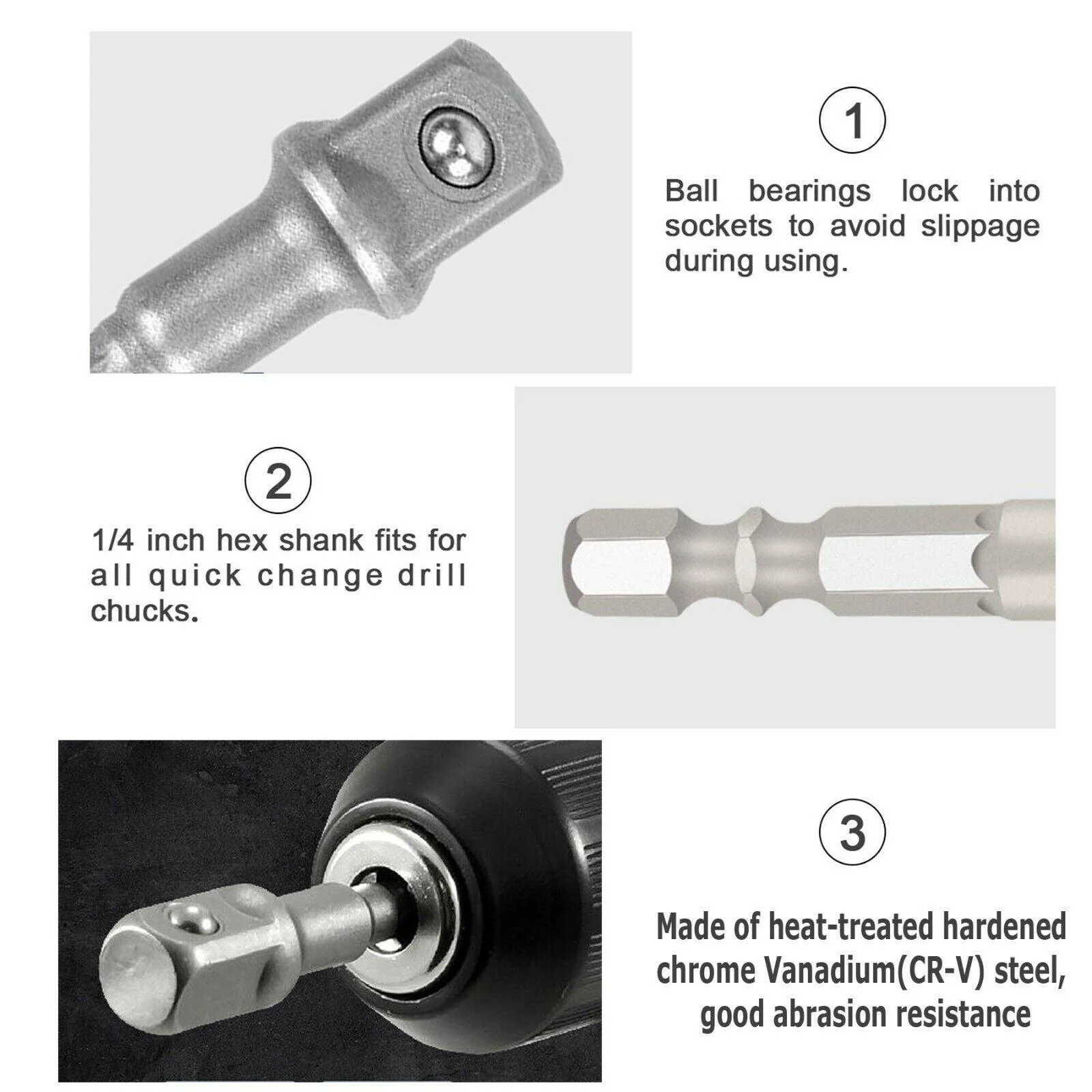 JPT 3 Pcs Socket Adapter Set Hex Shank to 1/4, 3/8, 1/2 Inch Impact Driver Drill Bits - Image 3