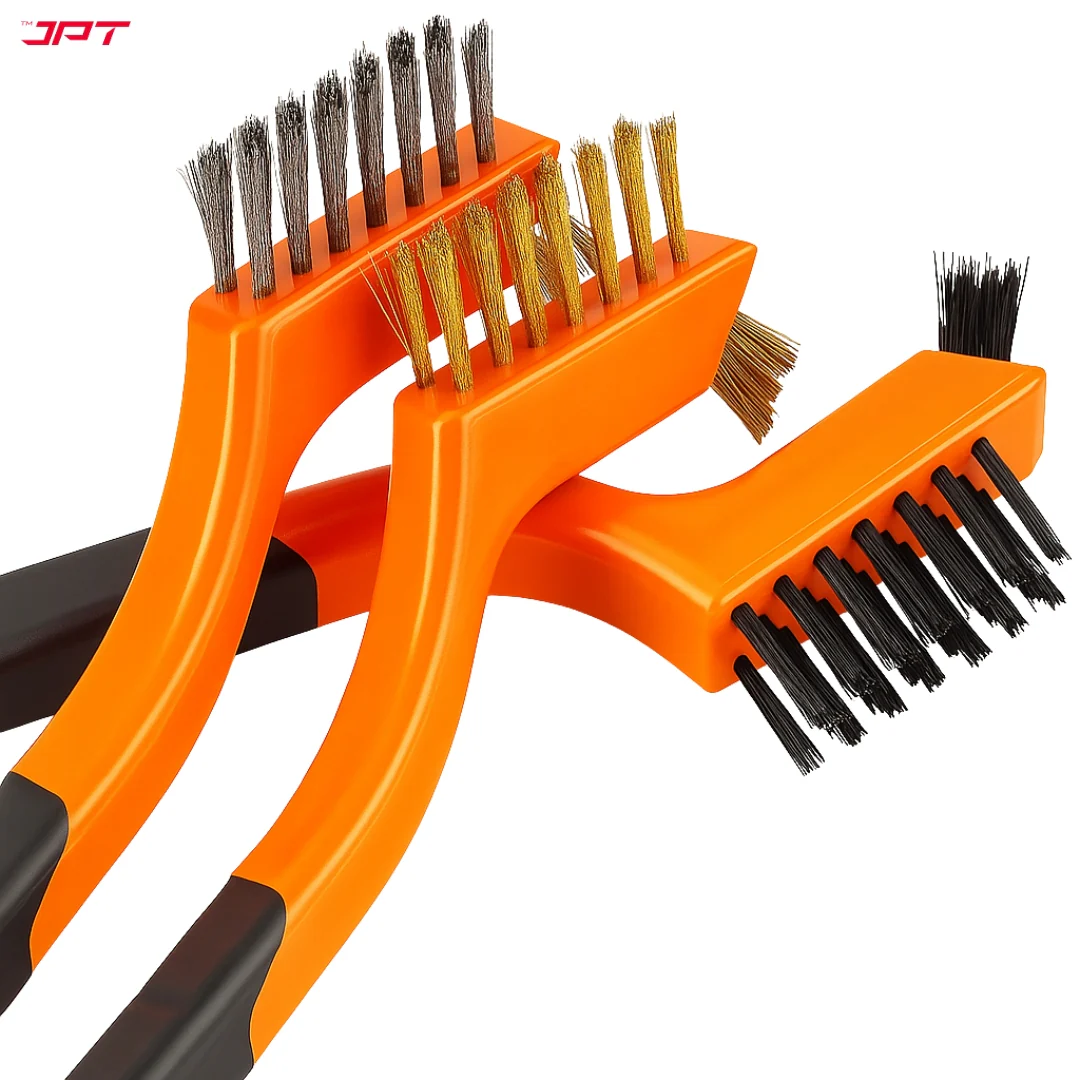 JPT 3-Piece Dual-Sided Heads Wire Brush Set | Stainless Steel, Brass & Nylon Bristles with Soft Grip Handle | Best For Rust Removal, Paint Cleaning & Detail Work - Image 2