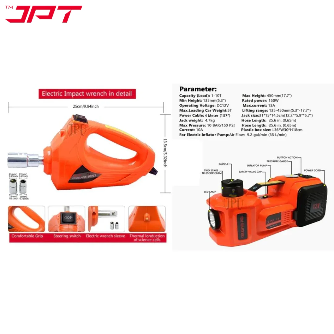 JPT Heavy Duty Portable 12-volt DC Hydraulic Jack | 480N.M Torque Power | 10 Bar/150 PSI Pressure | 3 Tons Weight Lifting | 155mm-450mm Lifting Height | Tire Inflatable Pump - Image 4
