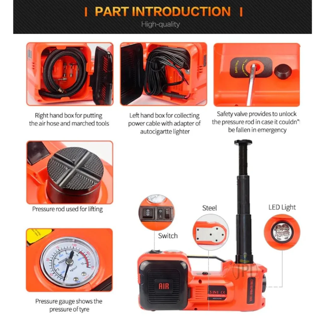 JPT Heavy Duty Portable 12-volt DC Hydraulic Jack | 480N.M Torque Power | 10 Bar/150 PSI Pressure | 3 Tons Weight Lifting | 155mm-450mm Lifting Height | Tire Inflatable Pump - Image 5