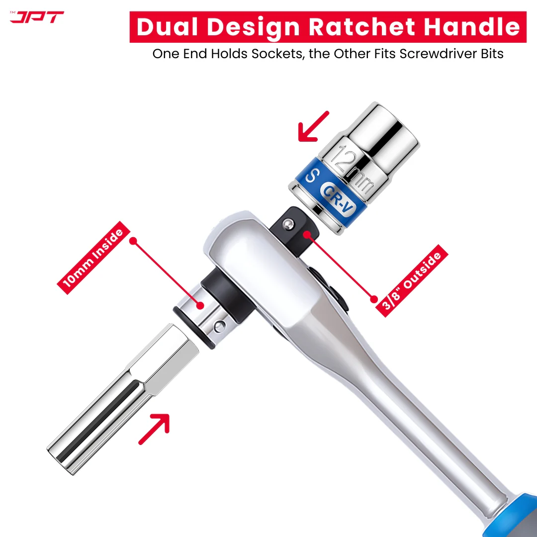 JPT 34-In-1 Multi-Functional Ratchet Handle Set | 12-Piece Hexagon Head Bits, 20-Piece Screwdriver Bits, One 43-Tooth Reversible Ratchet Handle |  Crome - Image 2