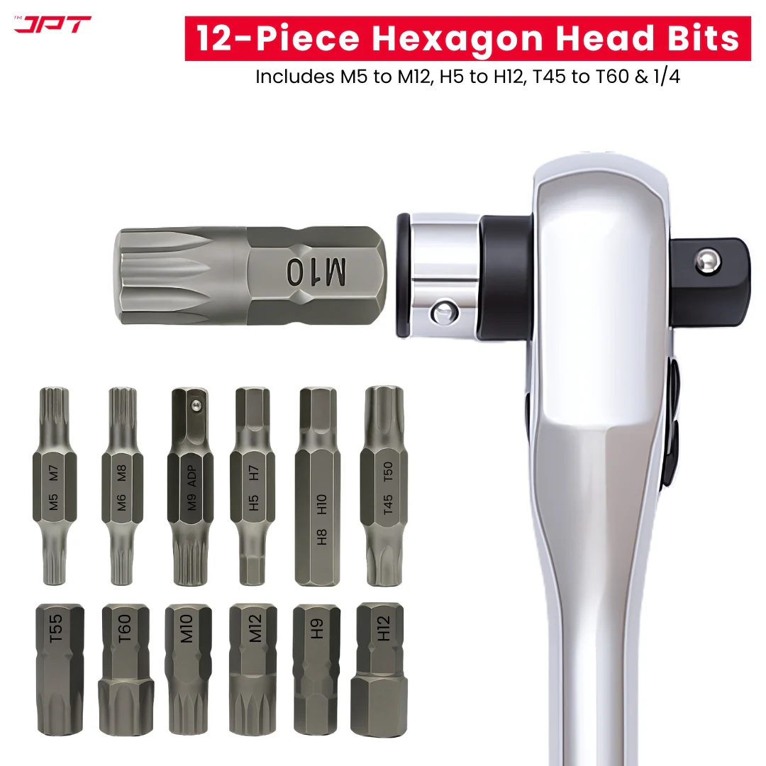JPT 34-In-1 Multi-Functional Ratchet Handle Set | 12-Piece Hexagon Head Bits, 20-Piece Screwdriver Bits, One 43-Tooth Reversible Ratchet Handle |  Crome - Image 4