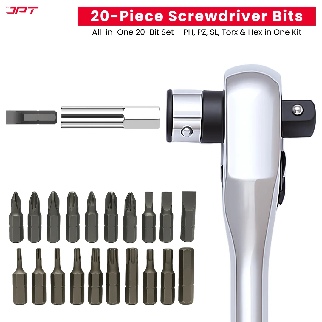 JPT 34-In-1 Multi-Functional Ratchet Handle Set | 12-Piece Hexagon Head Bits, 20-Piece Screwdriver Bits, One 43-Tooth Reversible Ratchet Handle |  Crome - Image 5
