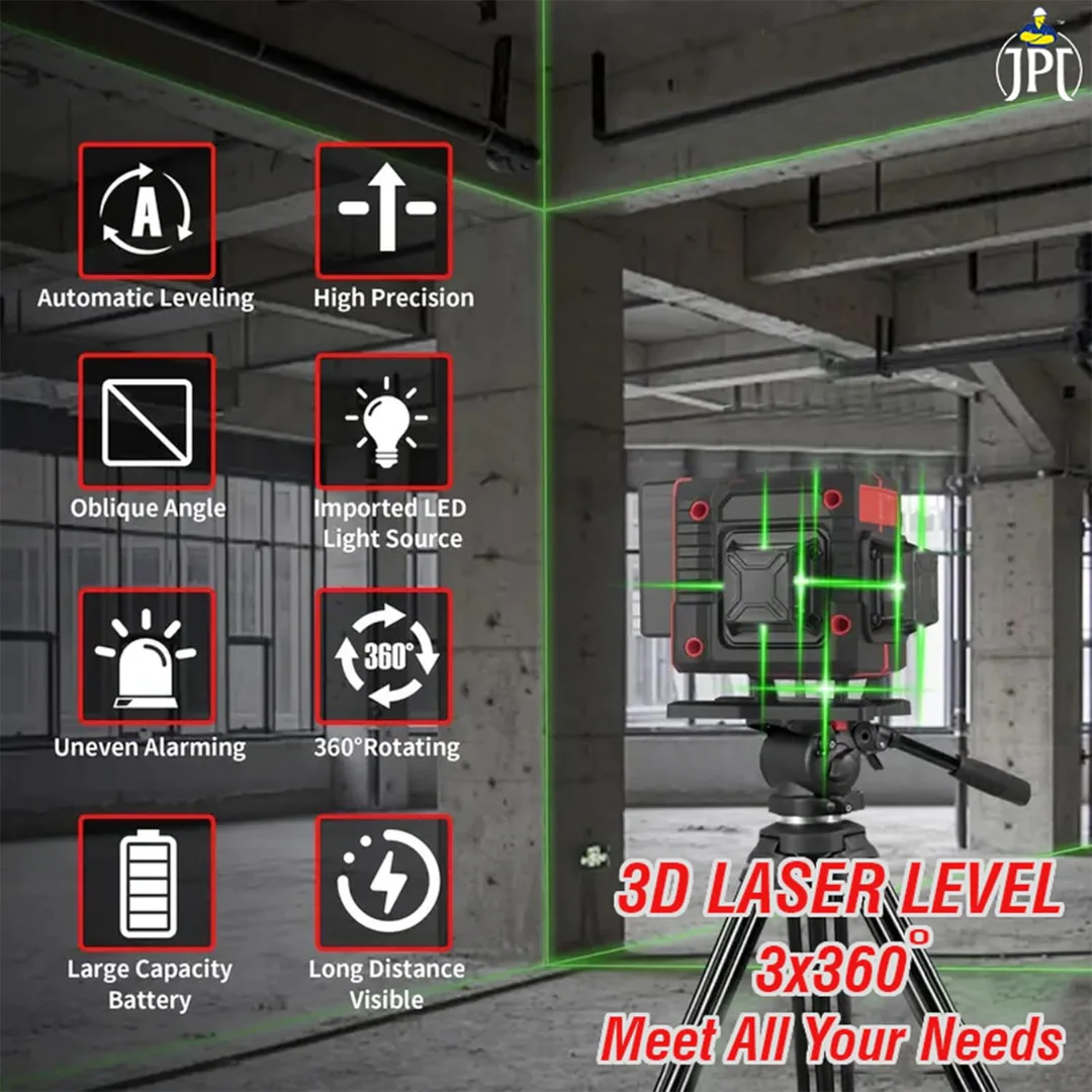 JPT 360° 3D Self-Leveling Laser Level with Mini Tripod – High-Precision Cross Line Tool for Construction, Renovation, and Floor Tiling with Two 1500mAh Batteries, Fast Charger and Durable Case - Image 6