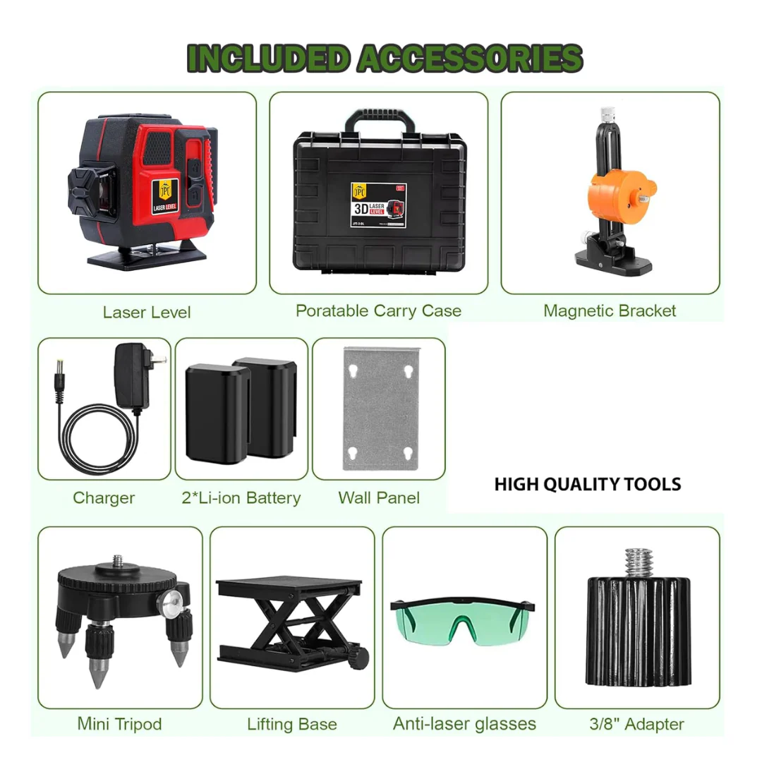 JPT 360° 3D Self-Leveling Laser Level with Mini Tripod – High-Precision Cross Line Tool for Construction, Renovation, and Floor Tiling with Two 1500mAh Batteries, Fast Charger and Durable Case - Image 9