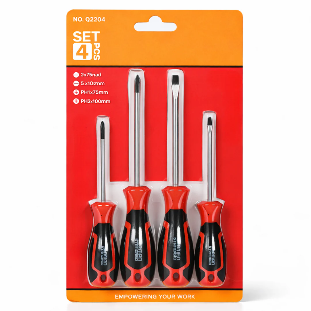 JPT Screwdriver Set 4 PCS Cr-V Steel with Magnetized Tip – 2 Flat (75mm & 100mm) + PH1 & PH2 Phillips | Heavy Duty Hand Screwdriver Set for Electrical, Repair & Home Use
