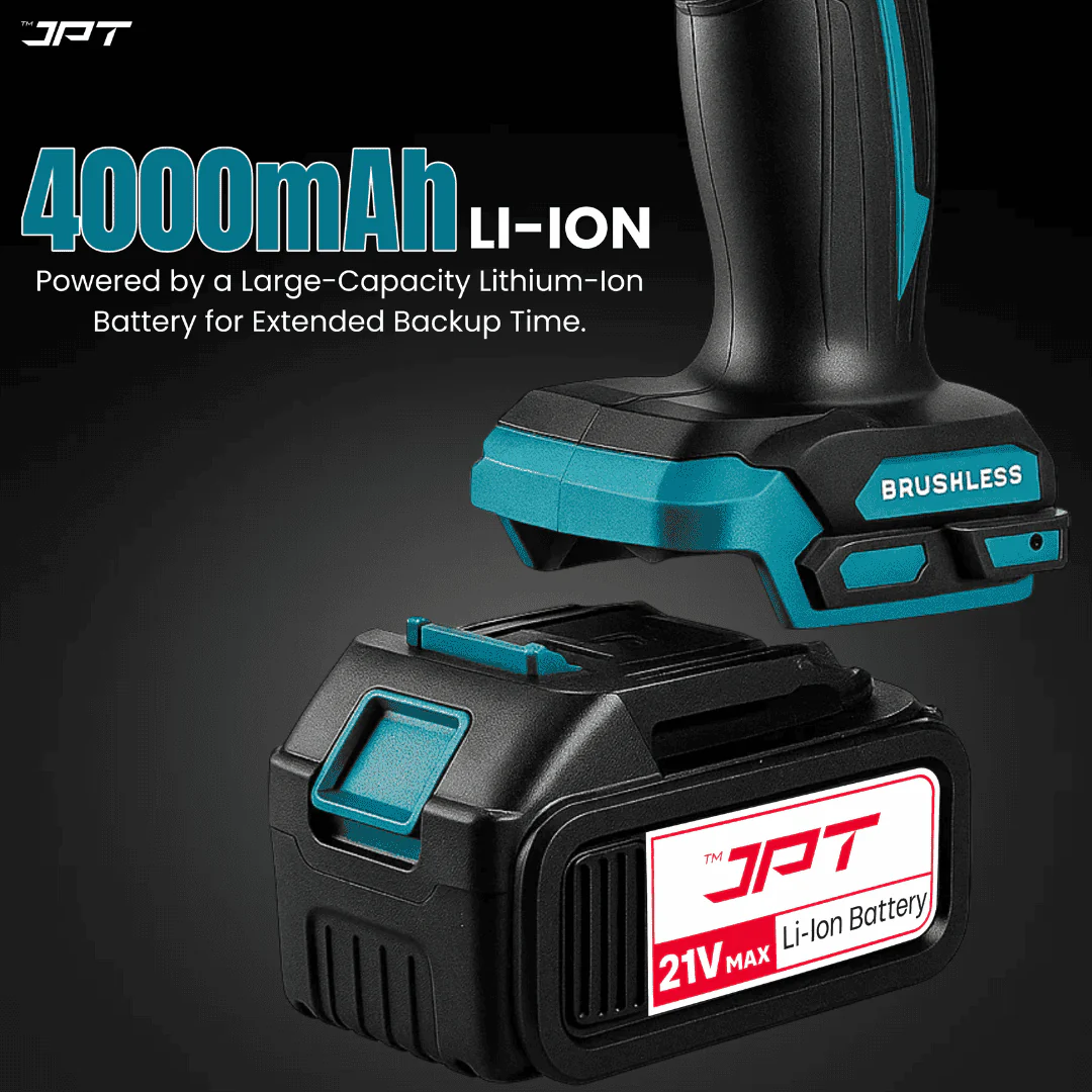 JPT 21v Heavy-Duty Brushless Cordless Impact Wrech | Brushless Motor | 400NM Torque | 4000RPM Speed with 3 Speed Mode | 4.0Ah Li-ion Battery & Fast Charger | 39-Piece Combo Kit for Car, Garage & Workshop Use - Image 6