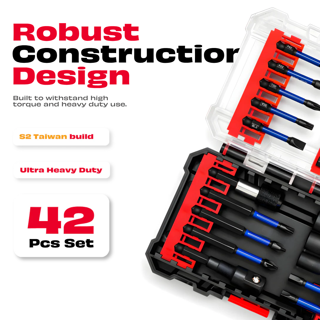 JPT 42-Piece Impact Rated S2 Steel Bit Set | Phillips, Pozidriv, Torx, Hex & Slotted Bits with Bit Holder & Socket Adapter | Taiwan Material for Impact Driver & Drill | Ultra Heavy Duty - Image 2