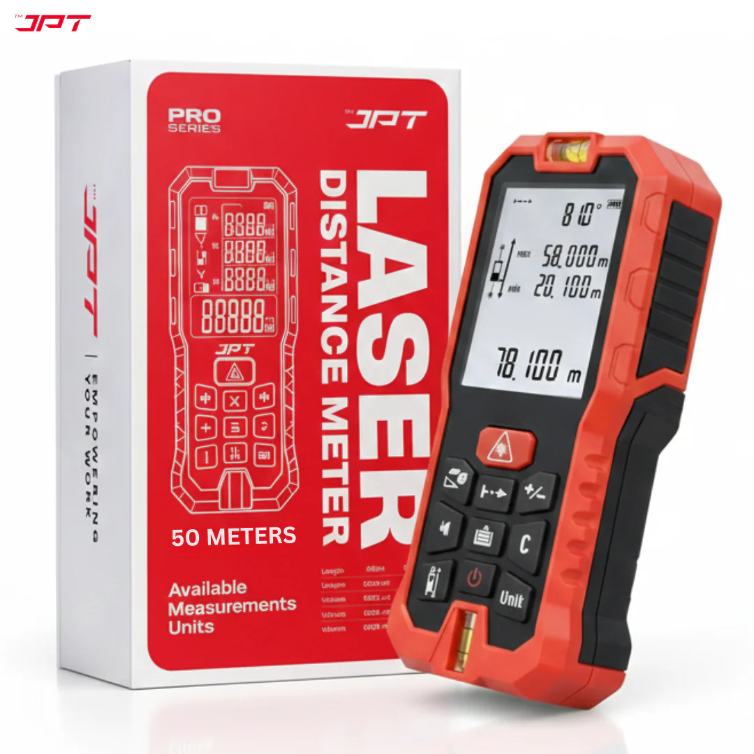 JPT 50M Laser Distance Meter | Digital Laser Measuring Tool with Area & Volume Calculation, Pythagorean Height Mode, Continuous Measurement, Unit Conversion, Backlit Display & Bubble Level