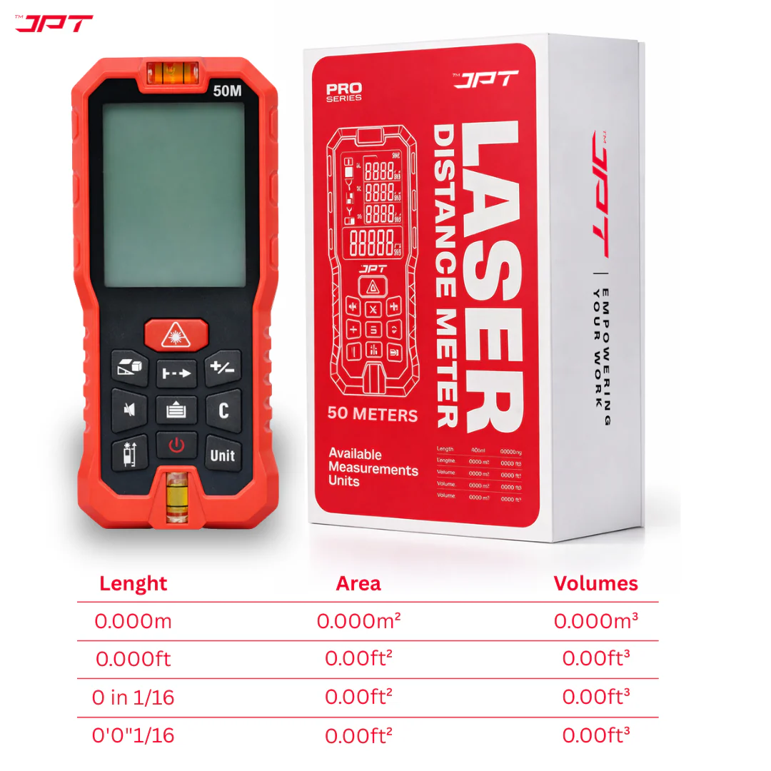 JPT 50M Laser Distance Meter | Digital Laser Measuring Tool with Area & Volume Calculation, Pythagorean Height Mode, Continuous Measurement, Unit Conversion, Backlit Display & Bubble Level - Image 2