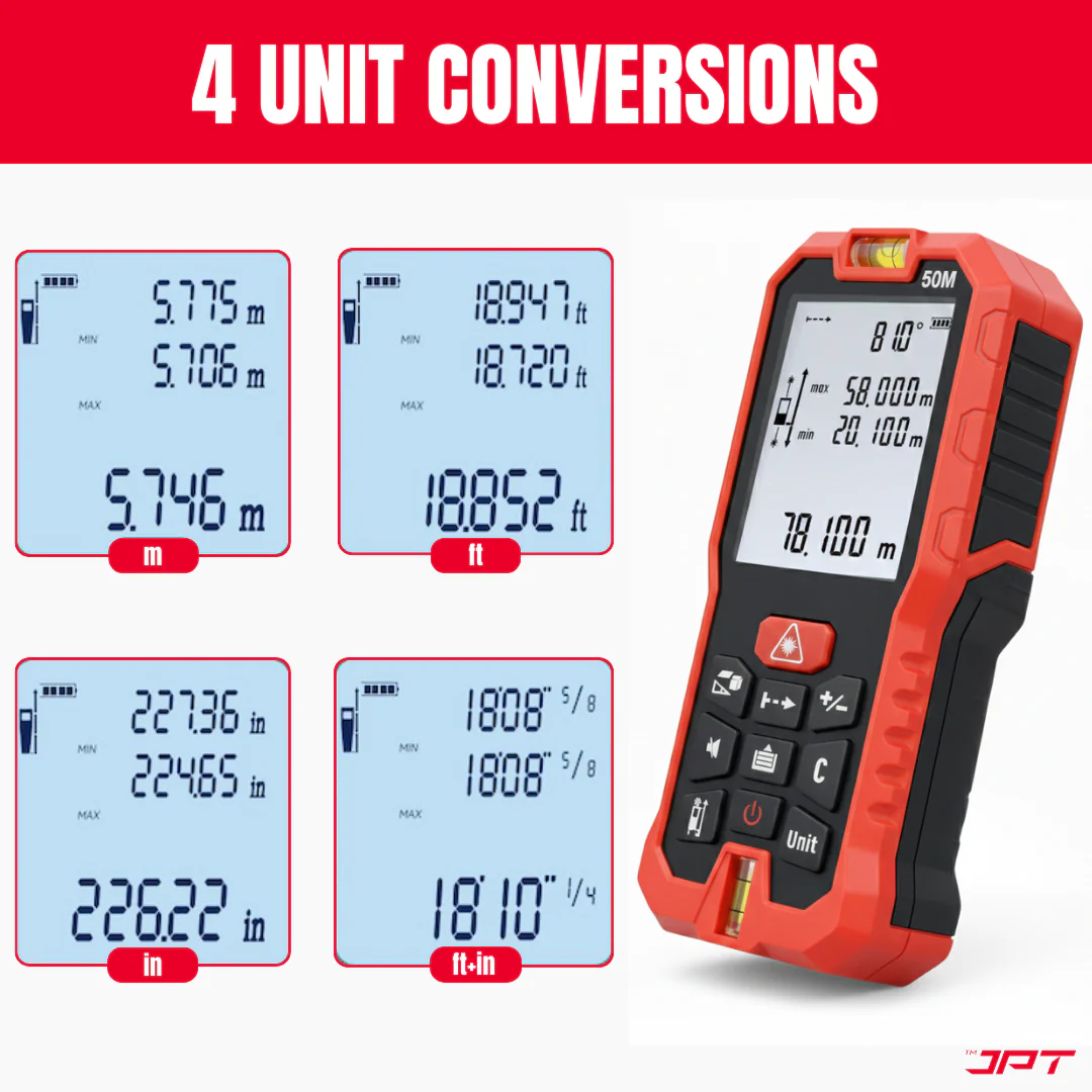 JPT 50M Laser Distance Meter | Digital Laser Measuring Tool with Area & Volume Calculation, Pythagorean Height Mode, Continuous Measurement, Unit Conversion, Backlit Display & Bubble Level - Image 7