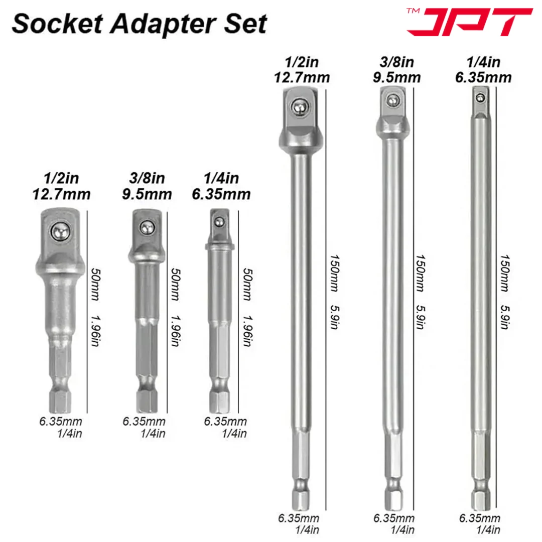 JPT 6-Piece Impact Socket Adapter Set | 3" and 6" lengths – 1/4", 3/8", and 1/2" hex shank | 65-150MM Extension Set for Impact Drivers & Power Drills - Image 4