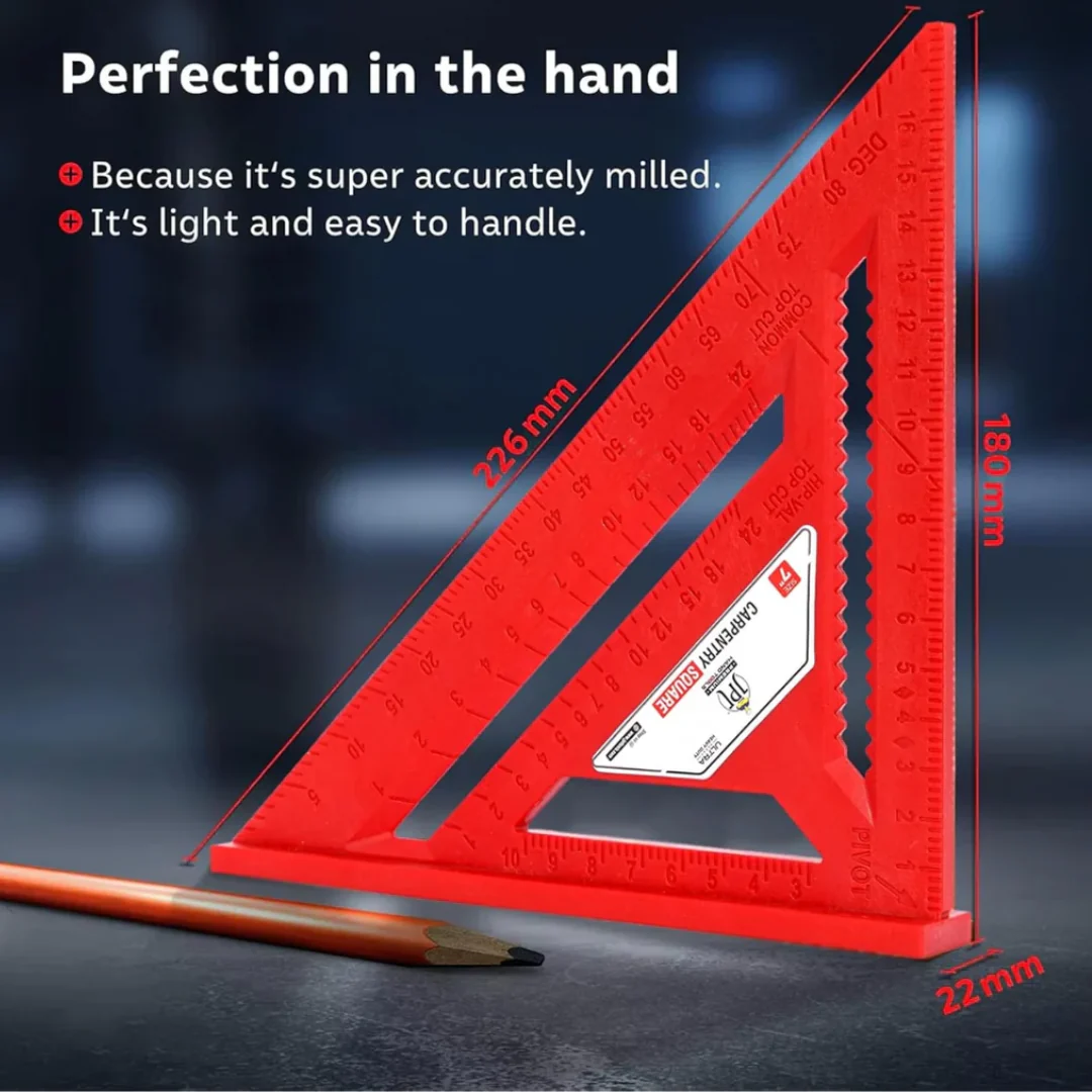 JPT 7-Inch Thickened 45°/90° Carpenter Square | ABS Build Triangle Ruler | Laser-Engraved Scale | Widened Base Design | Best For Carpentry, Woodworking, Construction, And DIY - Image 4