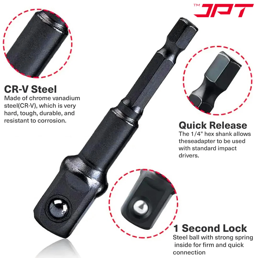 JPT 8-Piece Impact Socket Adapter Set | 1/4" Hex Shank to 1/4", 3/8", 1/2" Square Drive | CR-V Quick Change Drill Bit Extension for Cordless Drills & Power Tools - Image 4