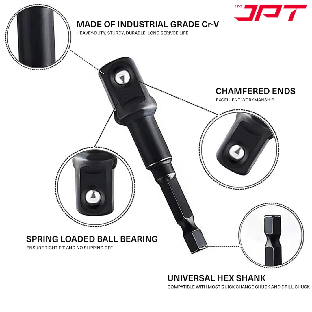 JPT 8-Piece Impact Socket Adapter Set | 1/4" Hex Shank to 1/4", 3/8", 1/2" Square Drive | CR-V Quick Change Drill Bit Extension for Cordless Drills & Power Tools - Image 5