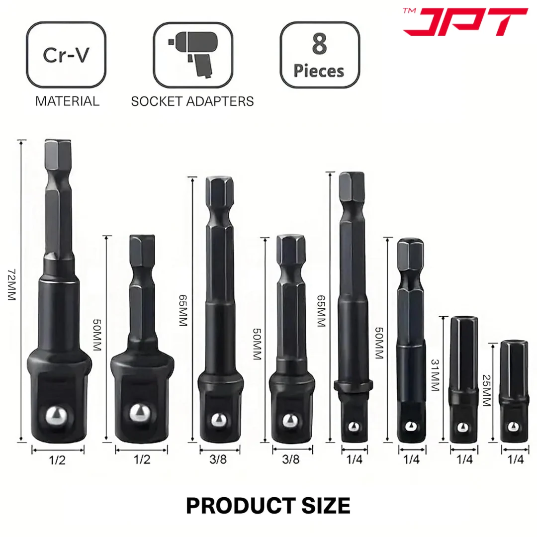 JPT 8-Piece Impact Socket Adapter Set | 1/4" Hex Shank to 1/4", 3/8", 1/2" Square Drive | CR-V Quick Change Drill Bit Extension for Cordless Drills & Power Tools - Image 6