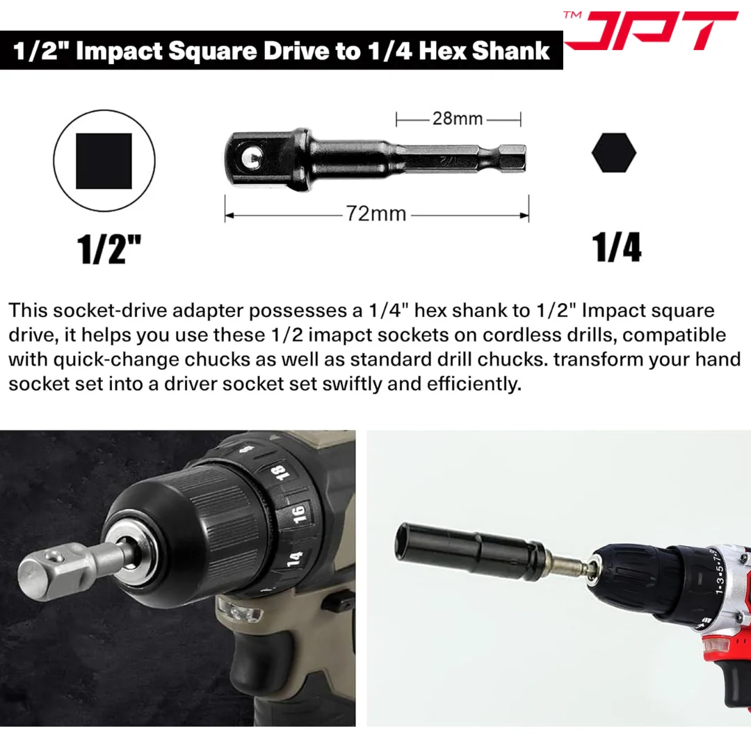 JPT 8-Piece Impact Socket Adapter Set | 1/4" Hex Shank to 1/4", 3/8", 1/2" Square Drive | CR-V Quick Change Drill Bit Extension for Cordless Drills & Power Tools - Image 7