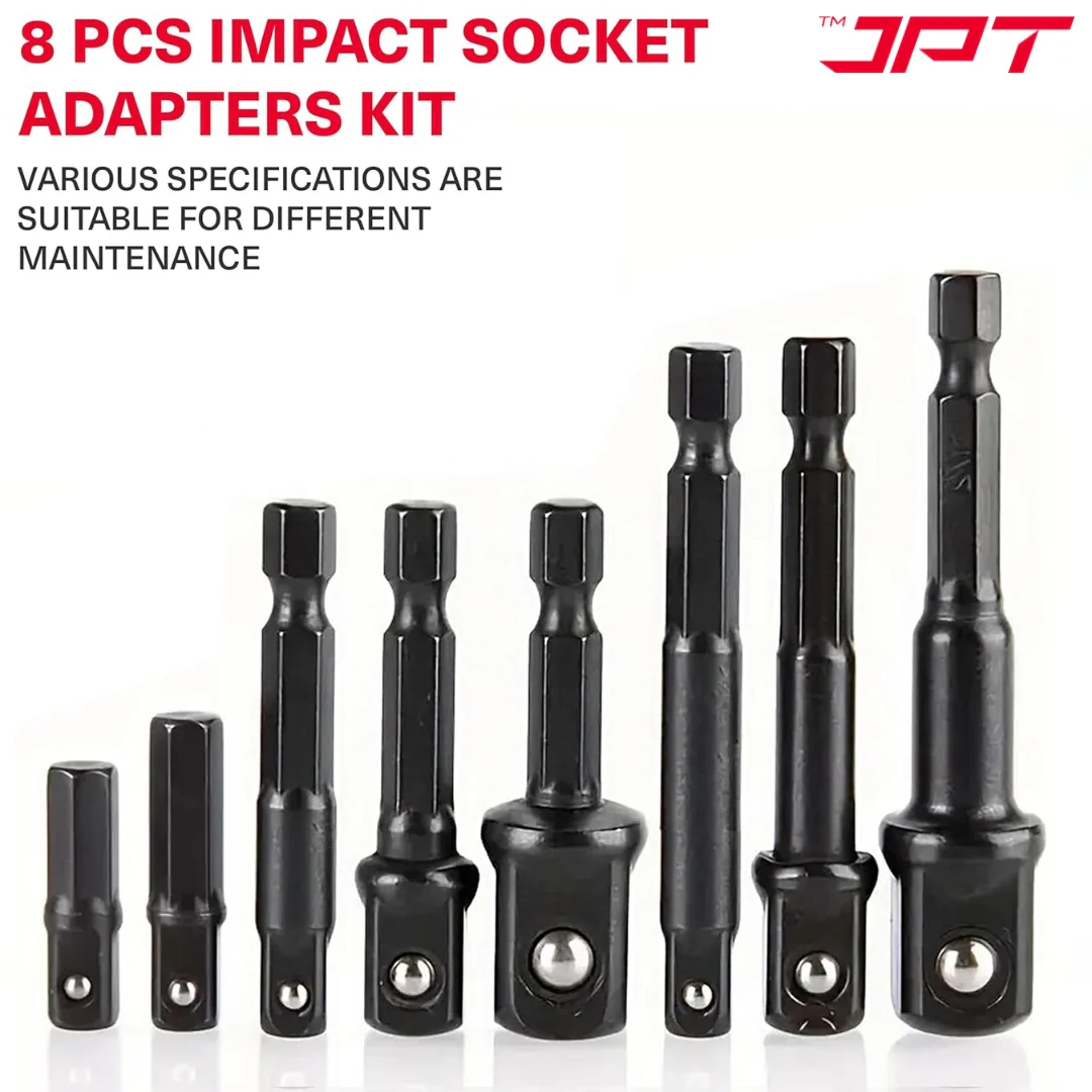 JPT 8-Piece Impact Socket Adapter Set | 1/4" Hex Shank to 1/4", 3/8", 1/2" Square Drive | CR-V Quick Change Drill Bit Extension for Cordless Drills & Power Tools - Image 8