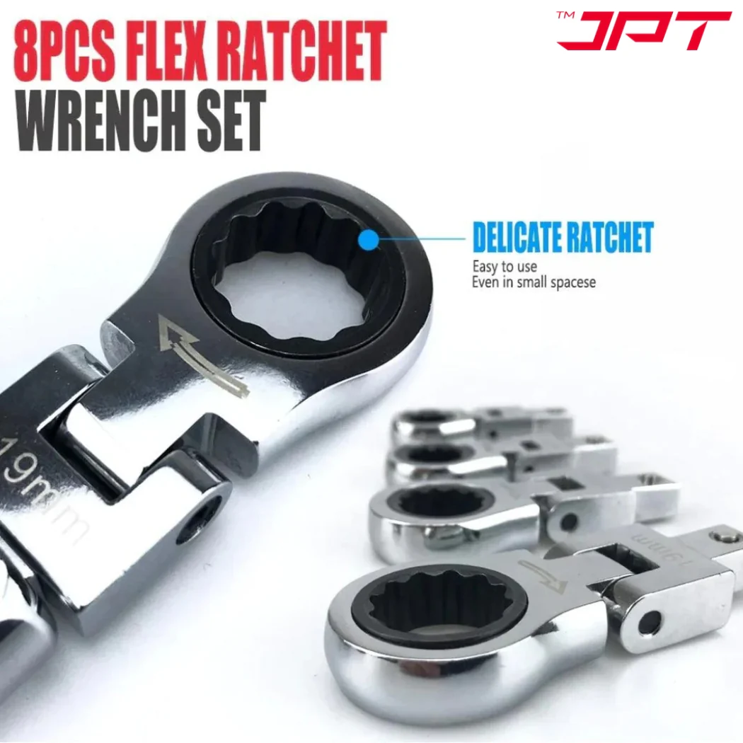 JPT Heavy Duty 8-Pieces Changeable Flex Head Ratchet Spanner | 7 Torx Heads Ranging From 8mm To 19mm | 180-Degree Rotation | Ratcheting Set for Automobile Repair, Home Projects, and More - Image 6