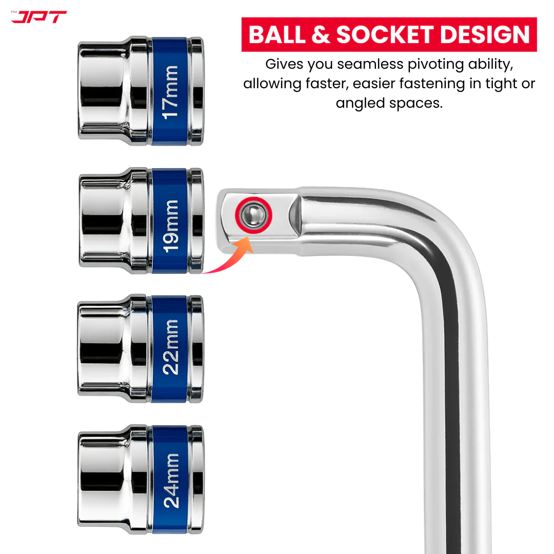 JPT 1/2" Drive 9+1 Piece Chrome Vanadium Socket Set with L-Spanner | Socket Set for Car & Bike | Goti Pana Set with Carry Box for Automobiles, Home & Garage DIY Repair - Image 6