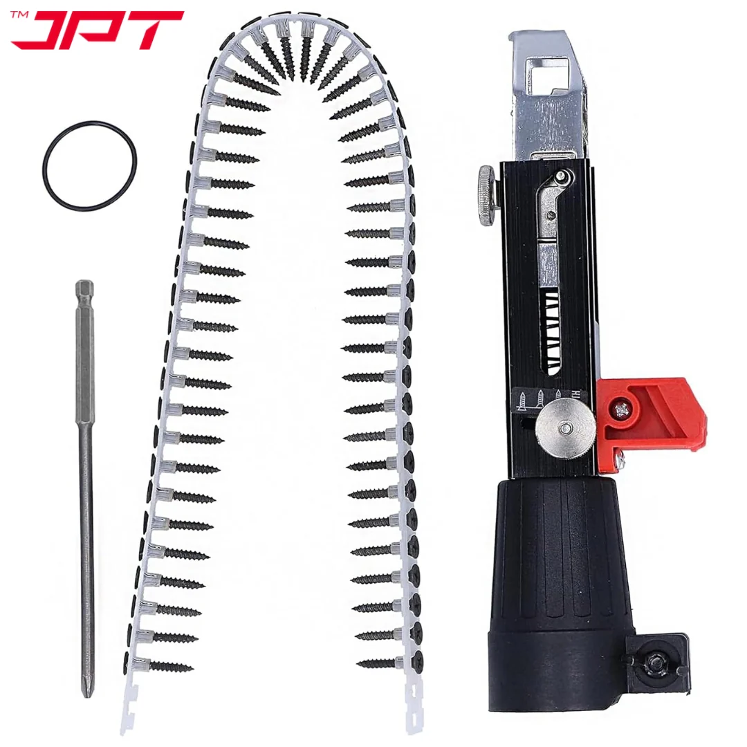 JPT Automatic Chain Nail Gun Adapter – Collated Screw Autofeed Nailing Head for Electric Drill, Heavy-Duty Drywall & Woodworking Nail Gun Attachment with 50-Piece Chain Nails