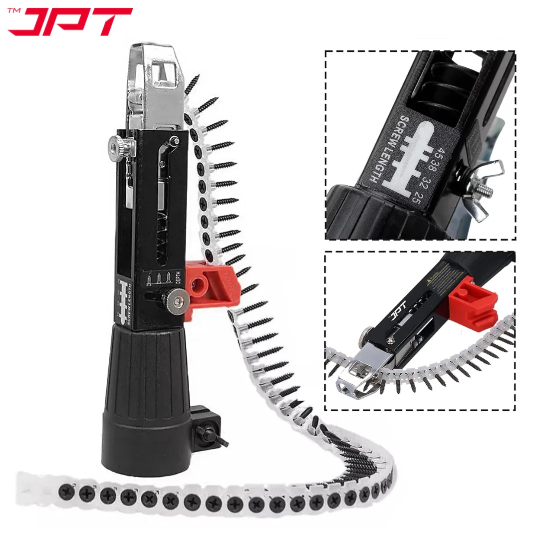 JPT Automatic Chain Nail Gun Adapter – Collated Screw Autofeed Nailing Head for Electric Drill, Heavy-Duty Drywall & Woodworking Nail Gun Attachment with 50-Piece Chain Nails - Image 4