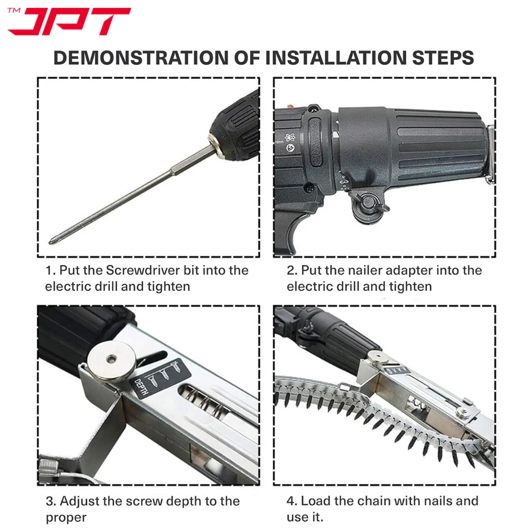 JPT Automatic Chain Nail Gun Adapter – Collated Screw Autofeed Nailing Head for Electric Drill, Heavy-Duty Drywall & Woodworking Nail Gun Attachment with 50-Piece Chain Nails - Image 5