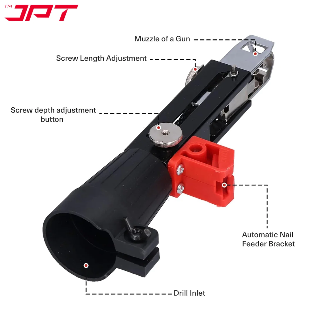 JPT Automatic Chain Nail Gun Adapter – Collated Screw Autofeed Nailing Head for Electric Drill, Heavy-Duty Drywall & Woodworking Nail Gun Attachment with 50-Piece Chain Nails - Image 6