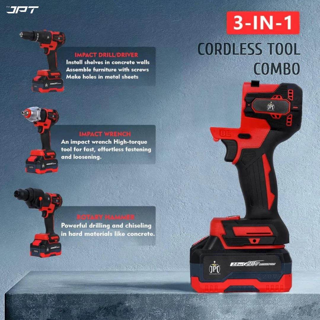 JPT Heavy Duty Brushless 3-In-1 Cordless Power Tool Set | 3-Speed Power Unit with Impact Wrench, Impact Drill, and Rotary Hammer Attachment - Image 4