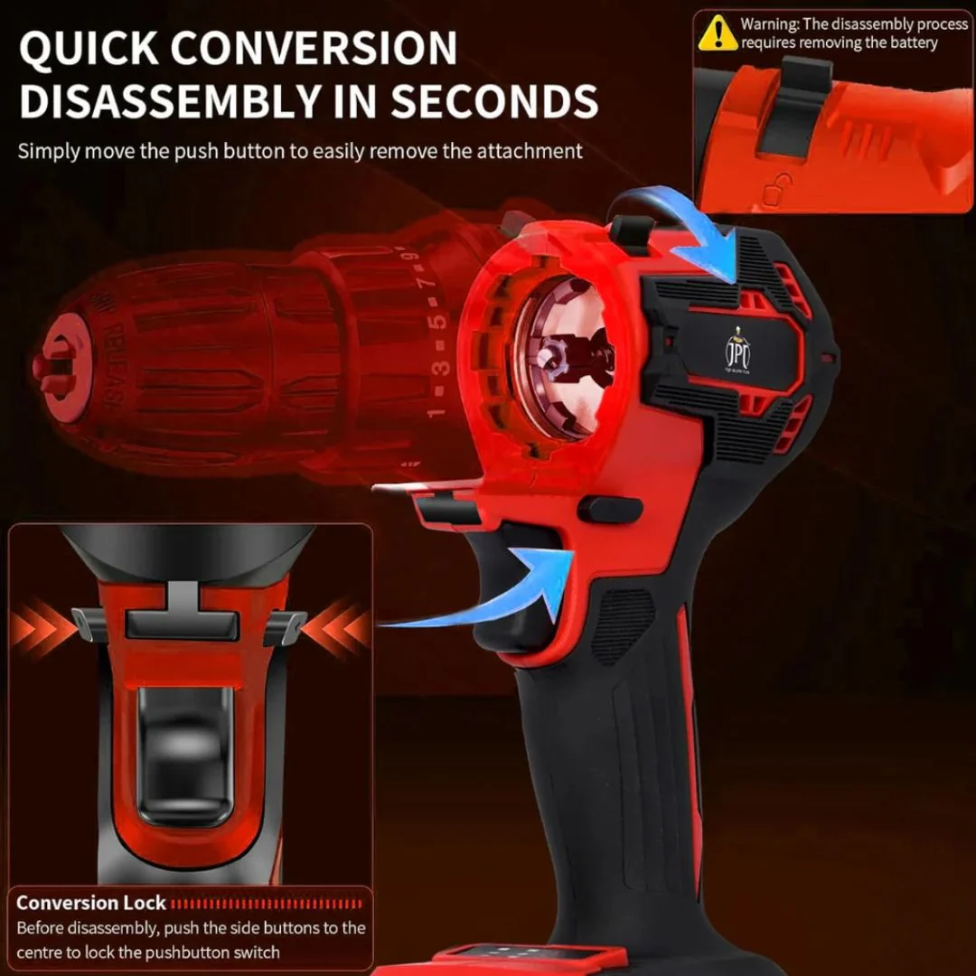 JPT Heavy Duty Brushless 3-In-1 Cordless Power Tool Set | 3-Speed Power Unit with Impact Wrench, Impact Drill, and Rotary Hammer Attachment - Image 6