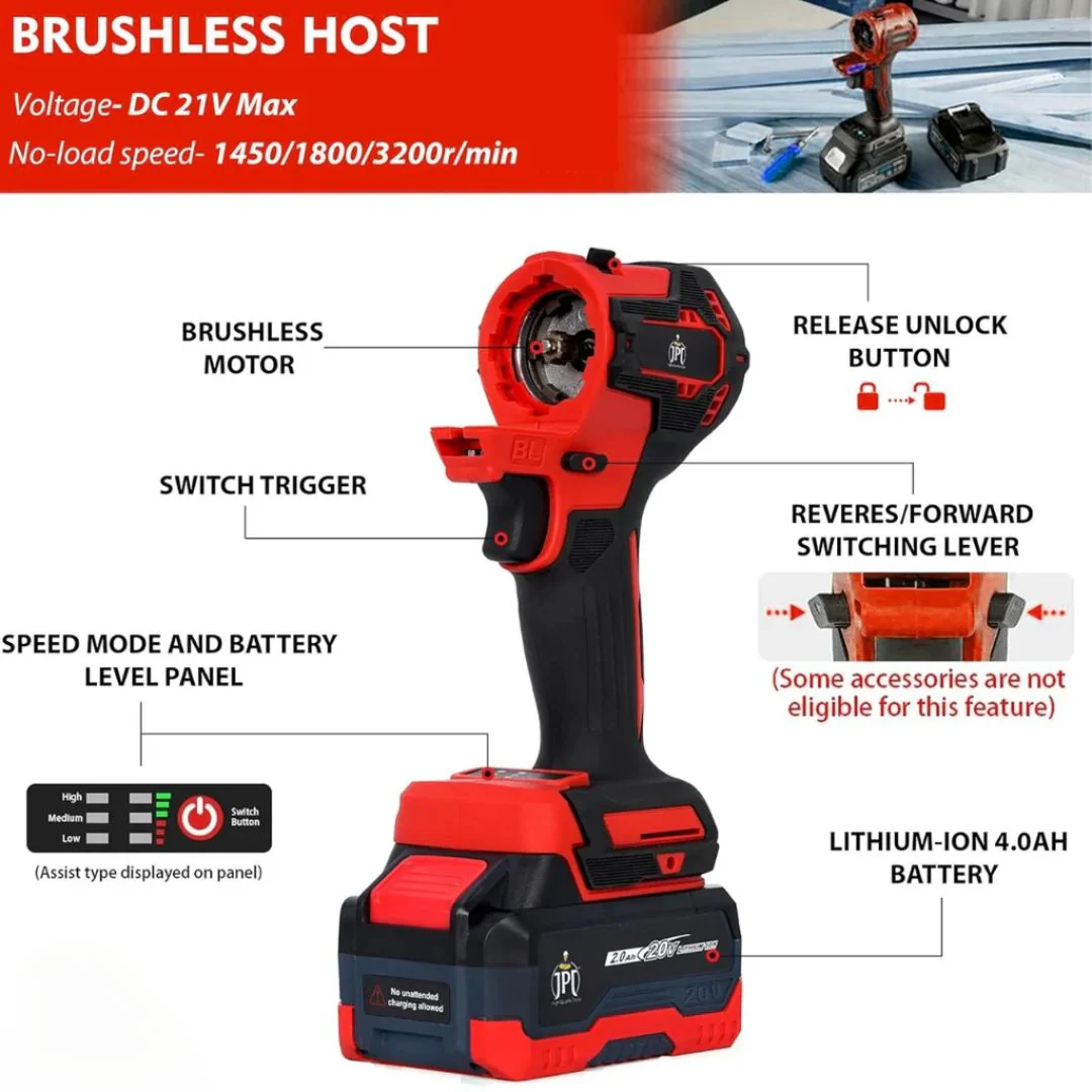 JPT Heavy Duty Brushless 3-In-1 Cordless Power Tool Set | 3-Speed Power Unit with Impact Wrench, Impact Drill, and Rotary Hammer Attachment - Image 7