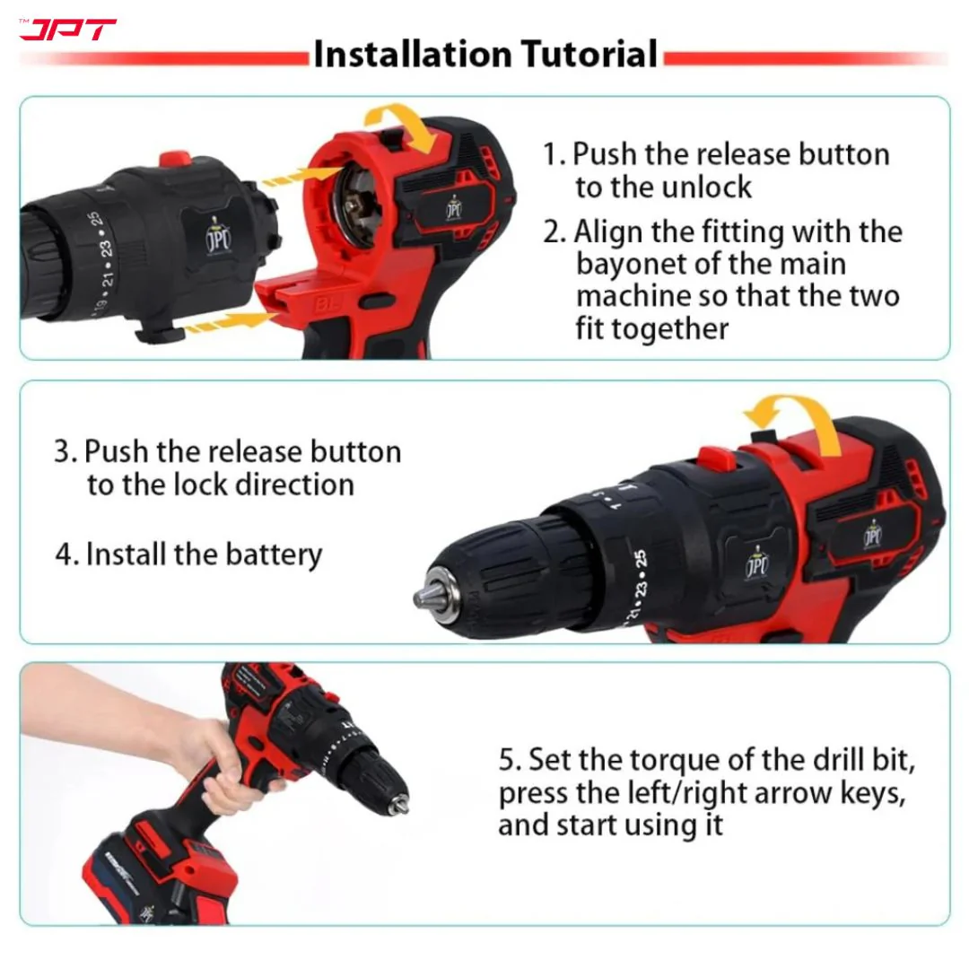 JPT Heavy Duty Brushless 3-In-1 Cordless Power Tool Set | 3-Speed Power Unit with Impact Wrench, Impact Drill, and Rotary Hammer Attachment - Image 8