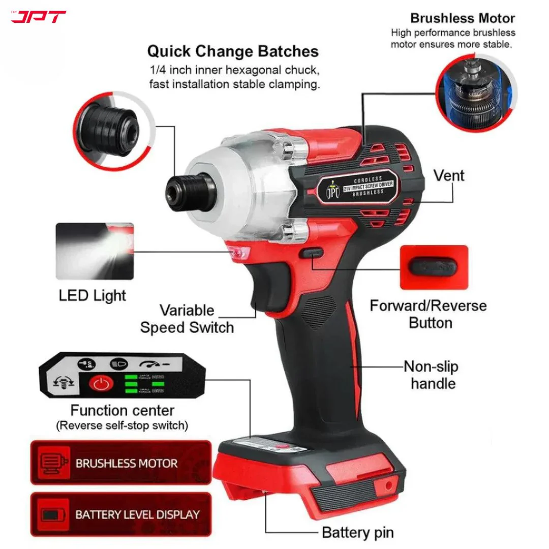 JPT Combo 21V Brushless Impact Cordless Screwdriver Machine | 270N.M Torque | 3000RPM Variable Speed | 1/4’’ All-Metal Hex Chuck | 4000mAh Battery | 16 Pieces Impact Screwdriver Bits Set - Image 4