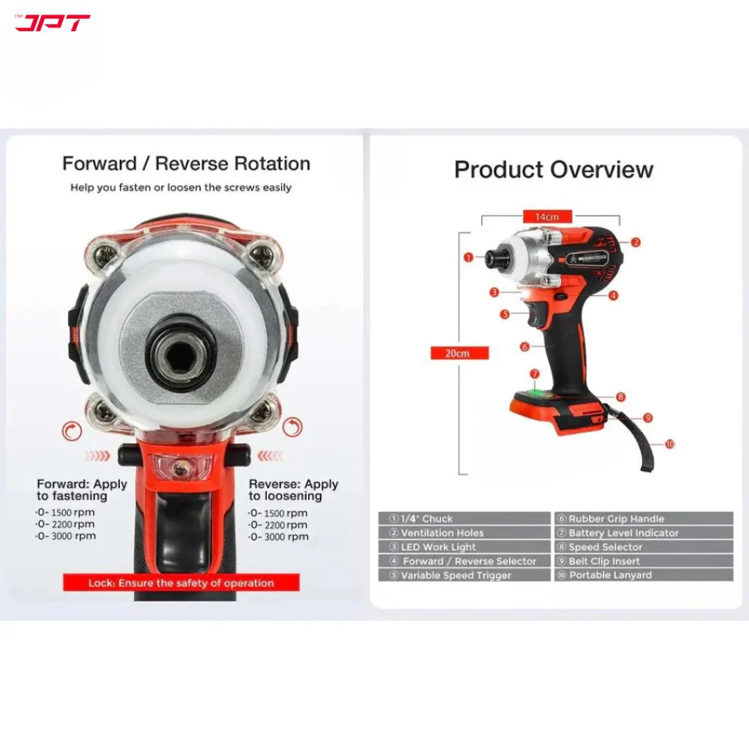 JPT Combo 21V Brushless Impact Cordless Screwdriver Machine | 270N.M Torque | 3000RPM Variable Speed | 1/4’’ All-Metal Hex Chuck | 4000mAh Battery | 16 Pieces Impact Screwdriver Bits Set - Image 6