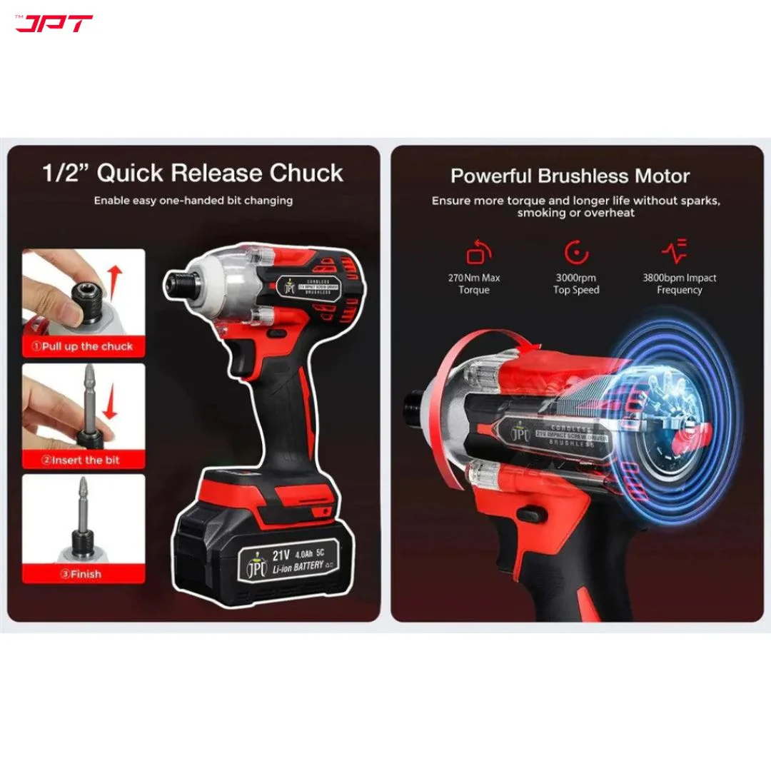 JPT Combo 21V Brushless Impact Cordless Screwdriver Machine | 270N.M Torque | 3000RPM Variable Speed | 1/4’’ All-Metal Hex Chuck | 4000mAh Battery | 16 Pieces Impact Screwdriver Bits Set - Image 7