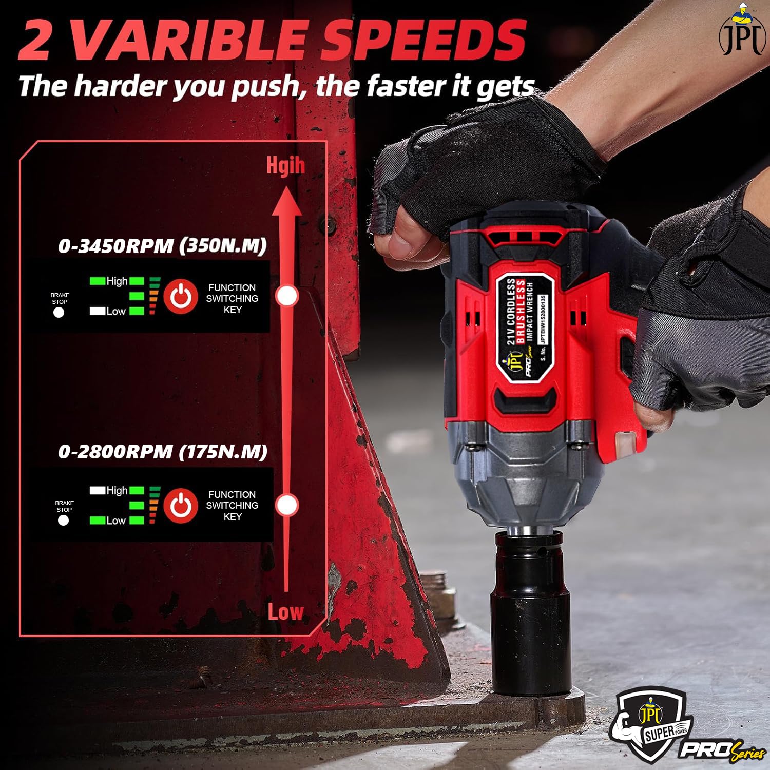 JPT Combo Pro Series Brushless 21v Cordless Impact Wrench with 10-Piece Impact Socket Set | 350N.M Torque | 0-3450RPM Speed | 4000mAh Battery | All Accessories Included | 12-Months Warranty - Image 5