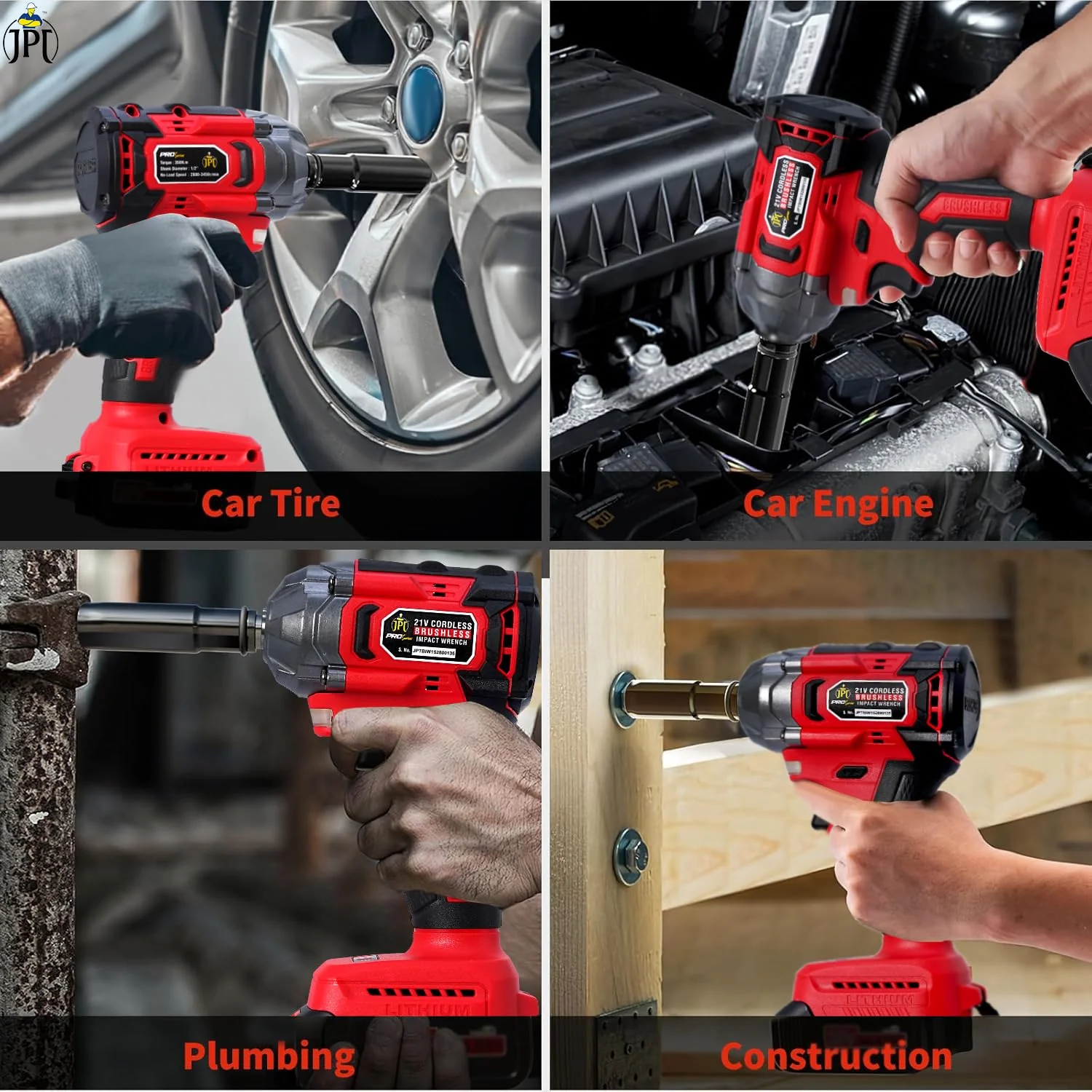 JPT Combo Pro Series Brushless 21v Cordless Impact Wrench with 10-Piece Impact Socket Set | 350N.M Torque | 0-3450RPM Speed | 4000mAh Battery | All Accessories Included | 12-Months Warranty - Image 8